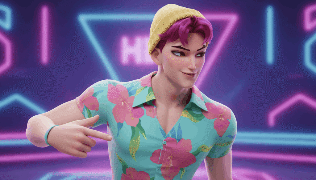 3D animated male character, purple hair with yellow cap