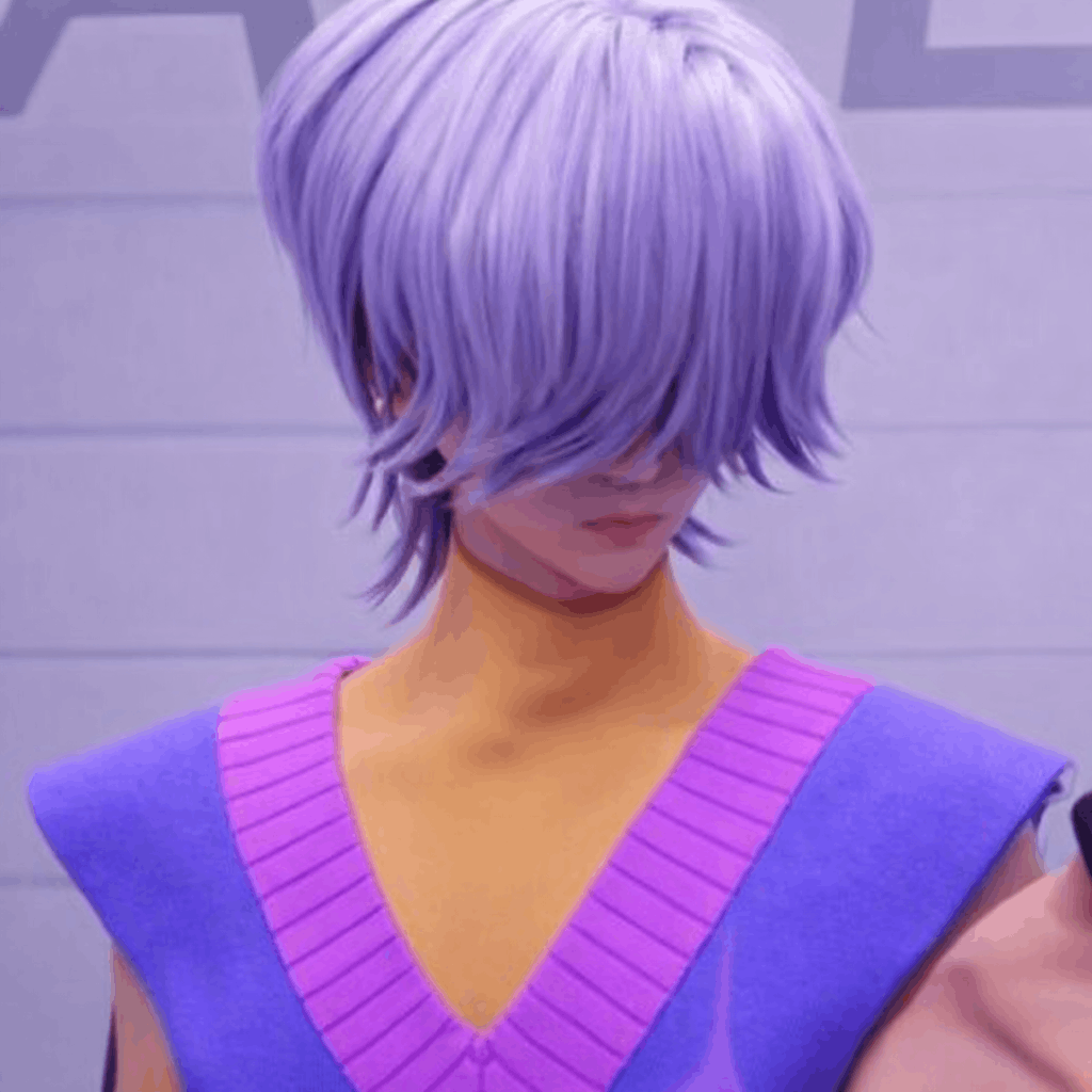 3D anime character, lavender hair covering eyes
