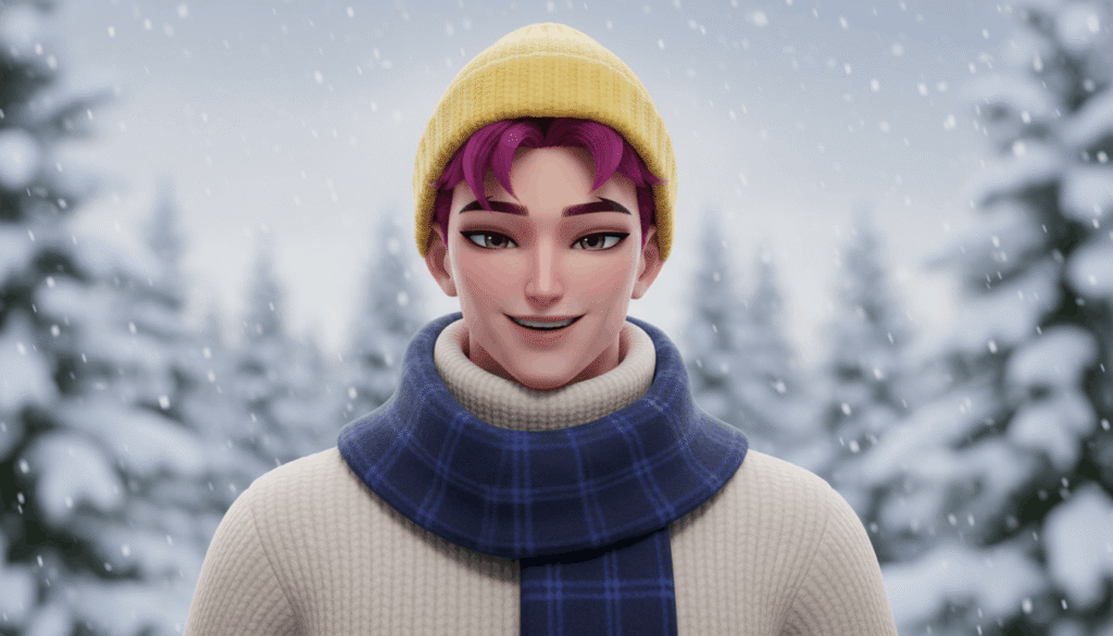 3D anime character with purple hair