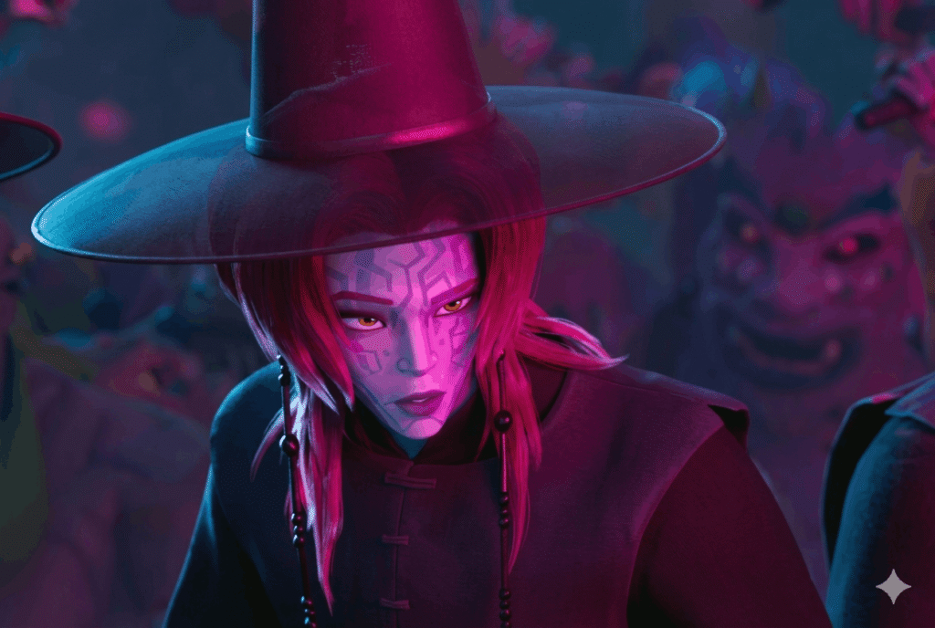 3D portrait of a man with wavy pink hair and a light purple bow