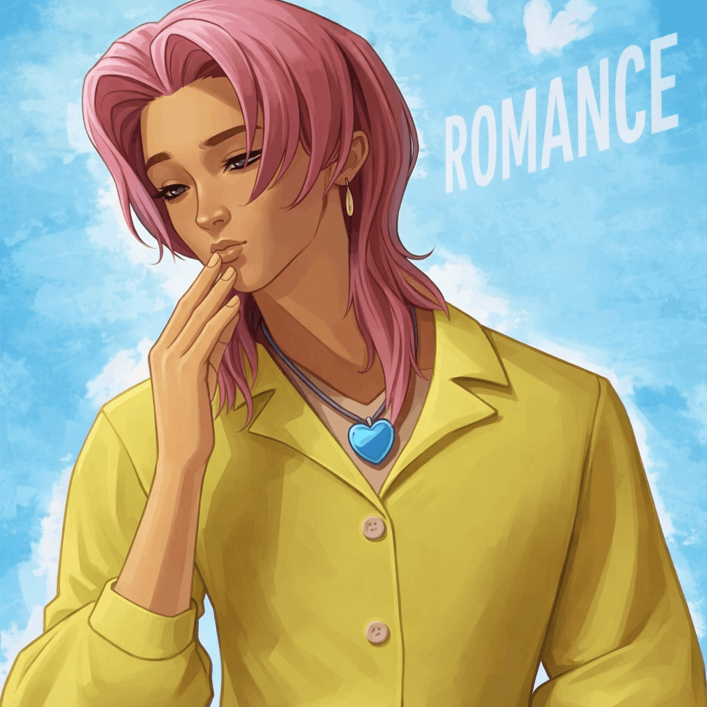 A Boy Romance Saja with pink hair wearing a bright yellow shirt smiles at the camera