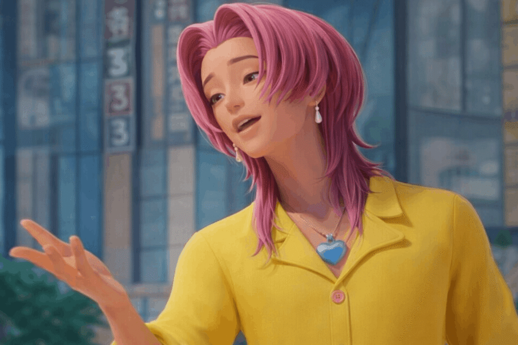 A Romance Saja with pink hair wearing a bright yellow shirt