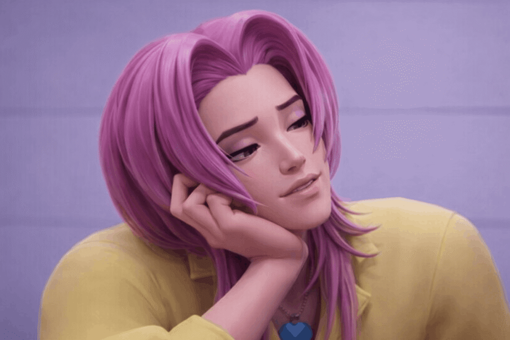 A Romance Saja with vibrant purple hair is seated