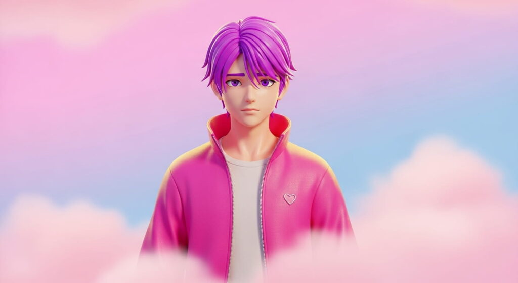A boy with purple hair stands against a vibrant pink sky