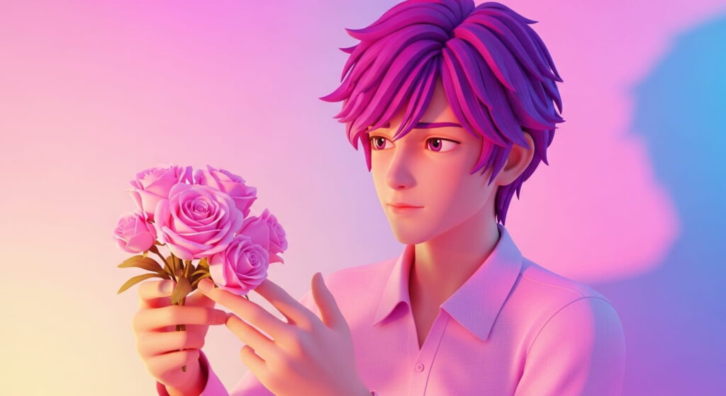 A boy with vibrant purple hair holds a delicate pink rose