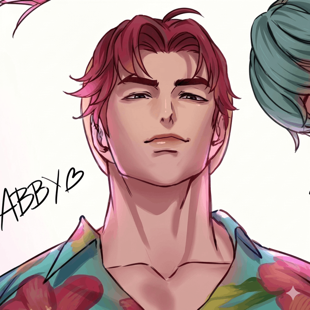 A close-up anime-style illustration of a male character with reddish-pink hair