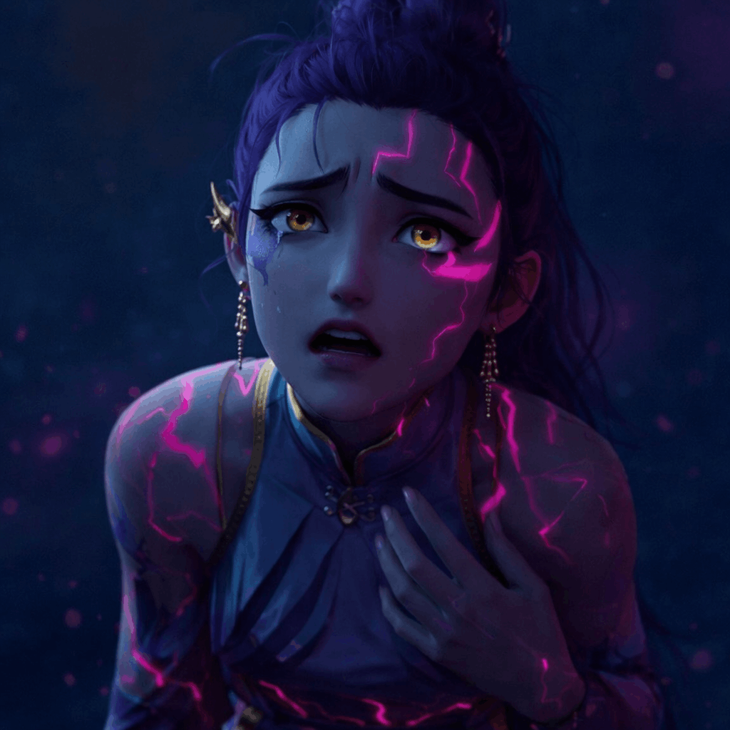 A close-up anime-style portrait of a young K-pop demon hunter Rumi