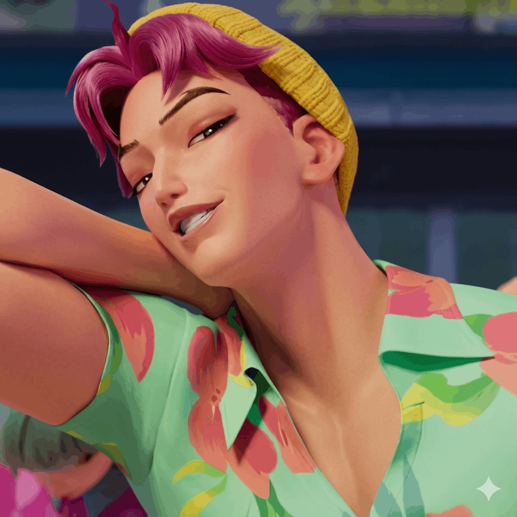 A close-up of a smiling male character with pink hair and a yellow beanie