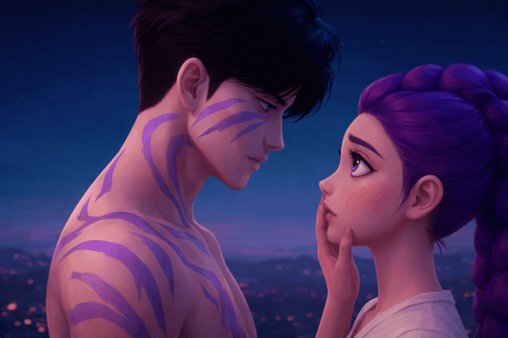 A couple with vibrant purple hair and visible tattoos