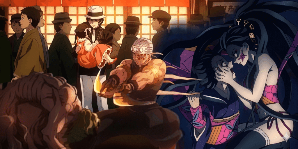 A crowd of anime characters surrounds a woman at the center