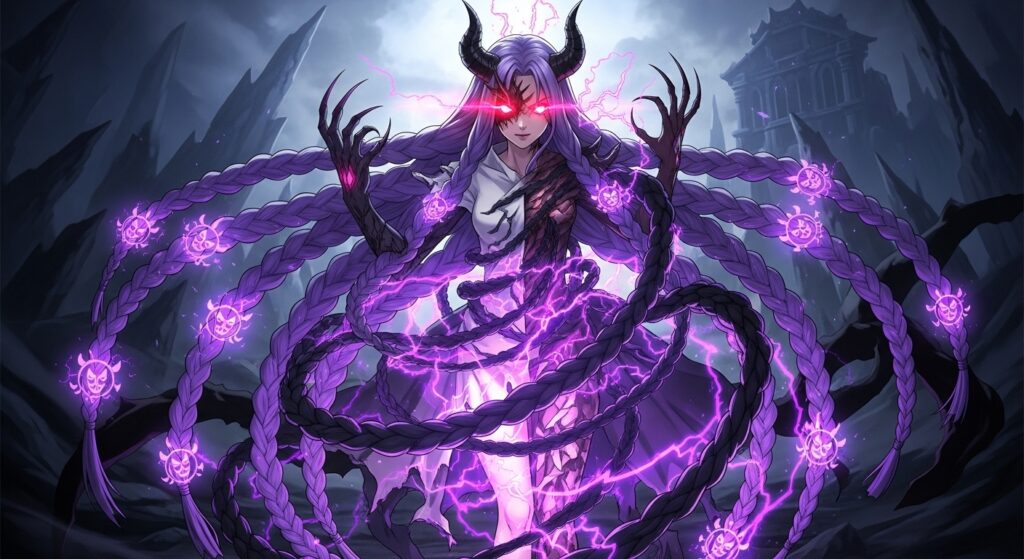 A demon with striking purple hair and prominent horns