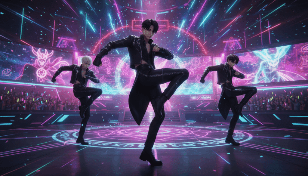 A diverse group of dancers performing synchronized moves in a vibrant video game setting