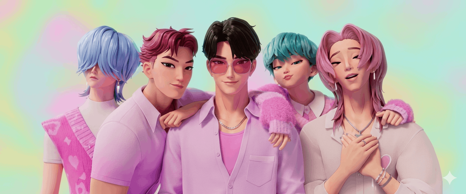 A diverse group of individuals with pink hair and blue eyes