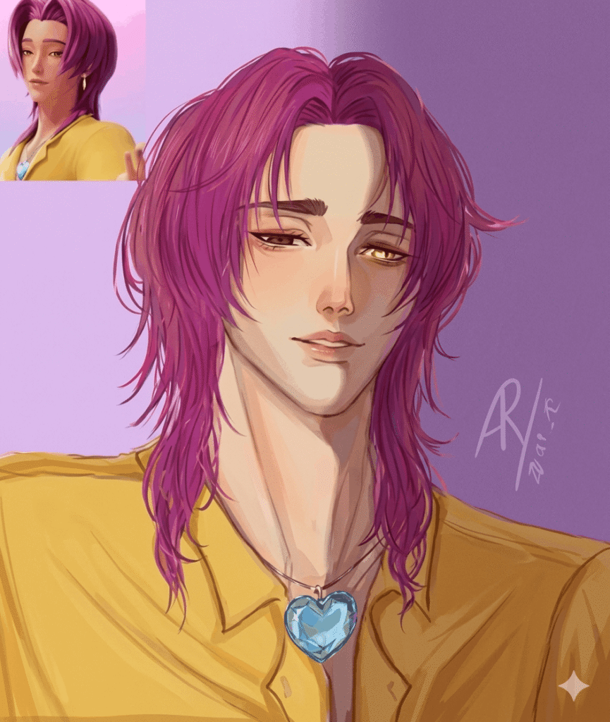 A drawing of Romance Saja with purple hair wearing a necklace
