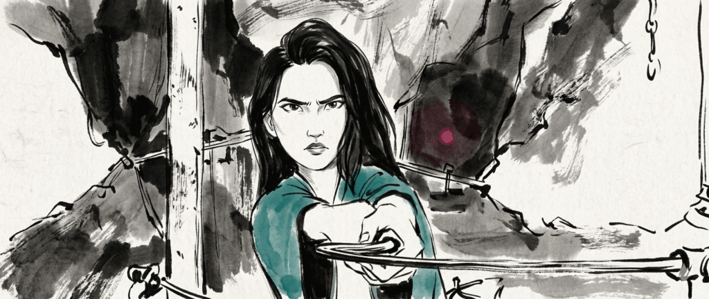 A drawing of a Celine Kpop confidently holding a sword