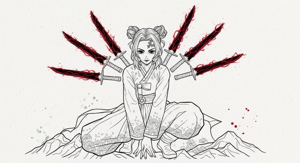 A drawing of a woman with elongated claws for hands