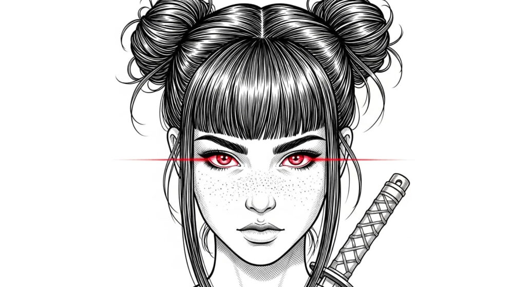 A drawing of a woman with striking red eyes