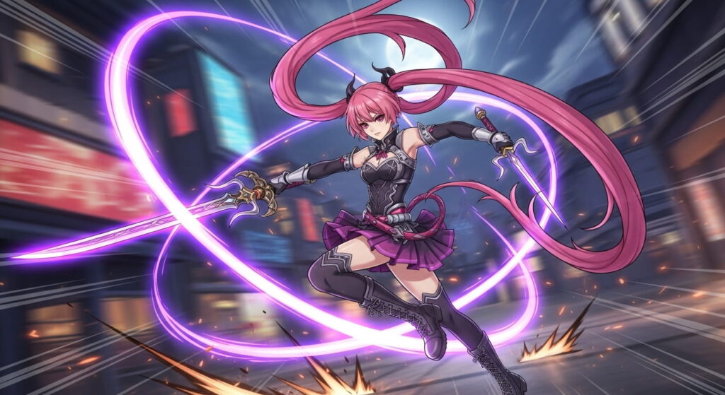 A female anime character with vibrant pink and purple hair
