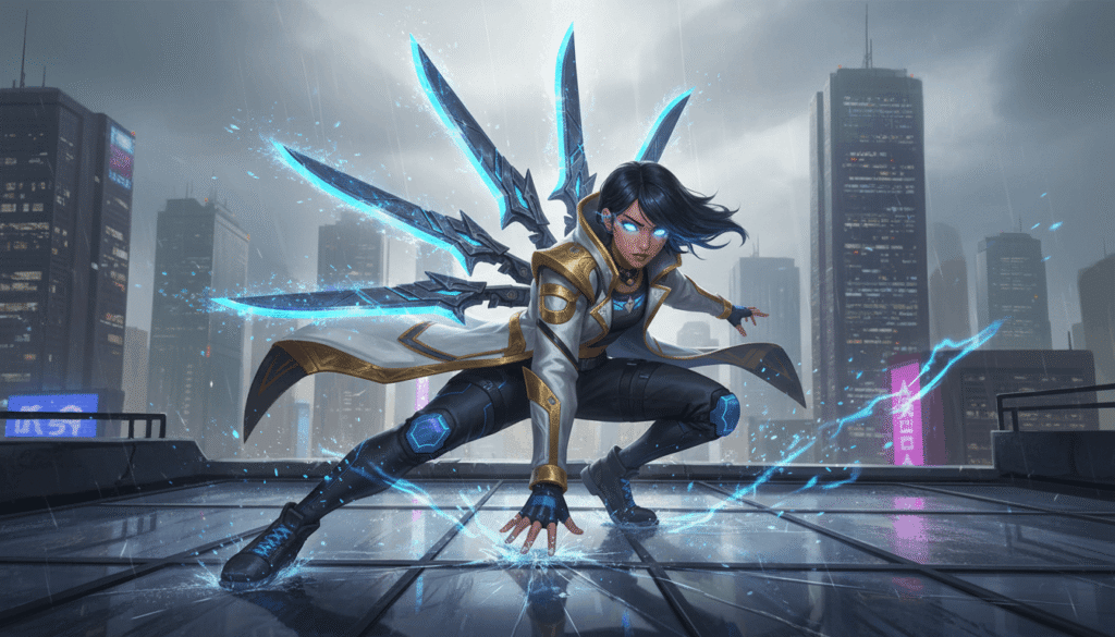 A female character in blue and gold armor stands confidently on a rooftop