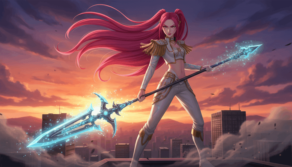 A female character with long red hair stands confidently
