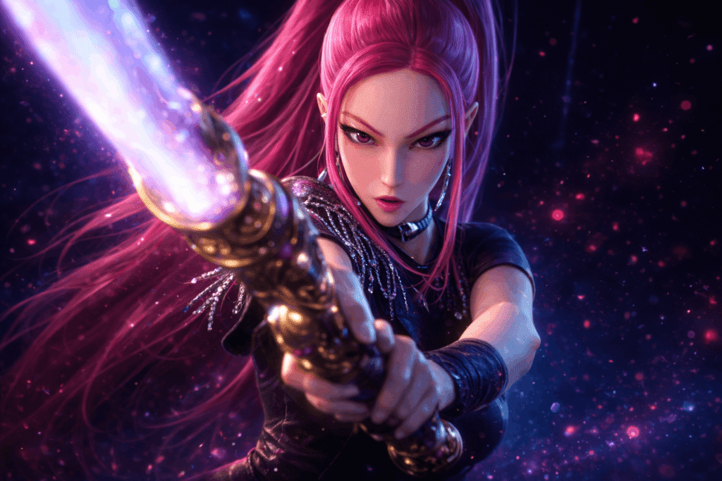 A female character with pink hair confidently holds a sword