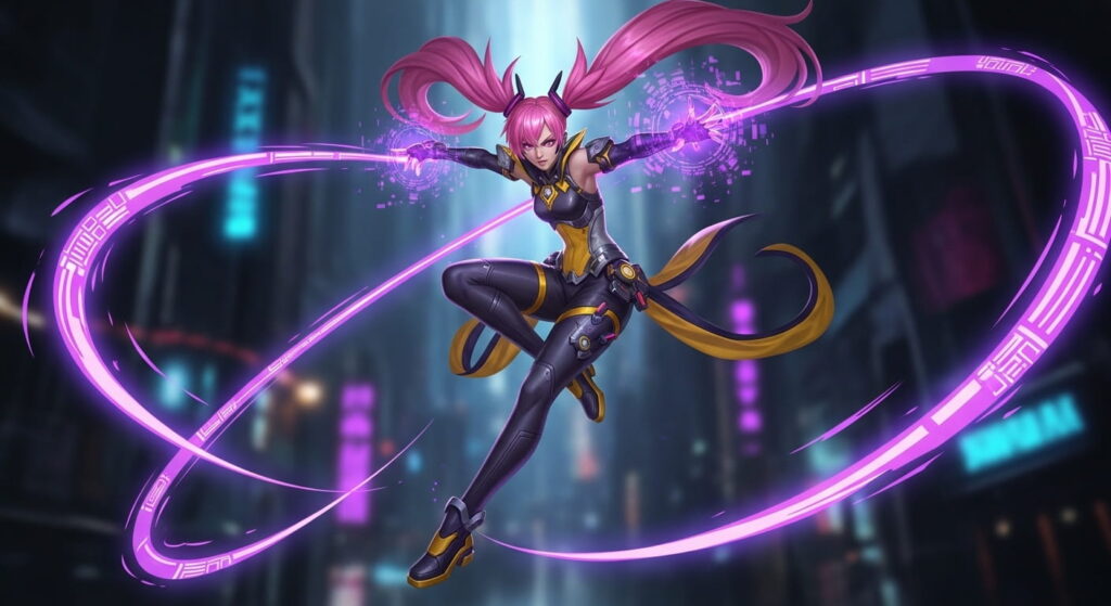 A female character with purple and pink hair holds a glowing purple orb