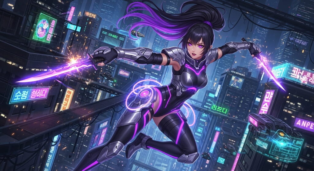 A female character with purple hair