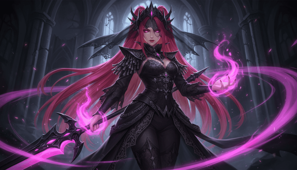 A female character with striking purple hair