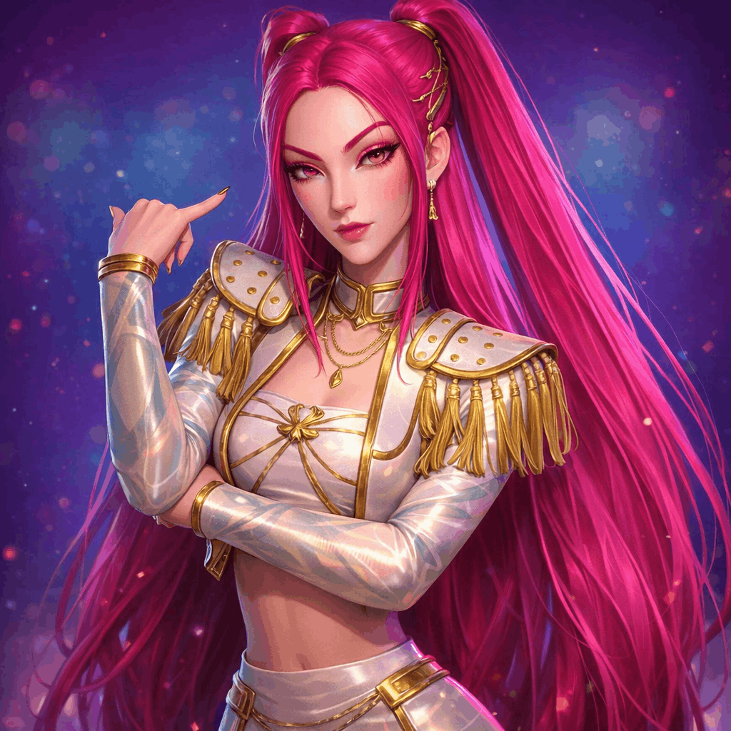 A female character with vibrant pink hair