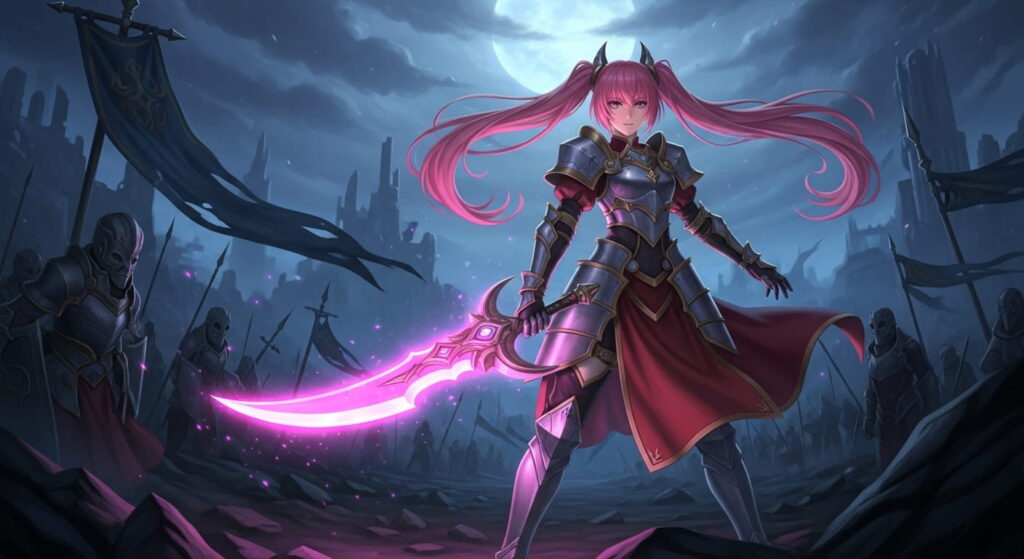 A female character with vibrant pink hair wielding a sword