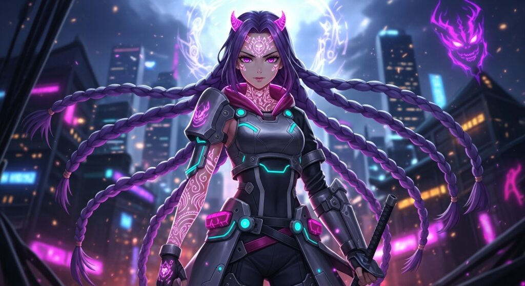 A female character with vibrant purple hair