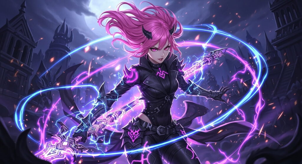 A female character with vibrant purple hair