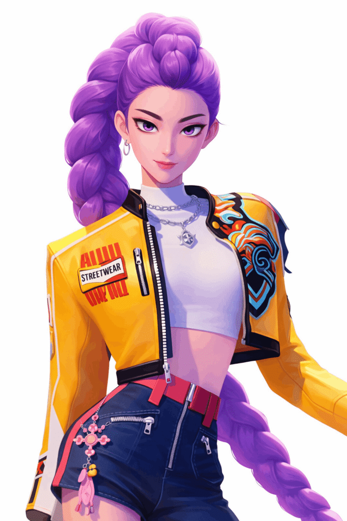 _A female character with vibrant purple hair wearing a bright yellow jacket
