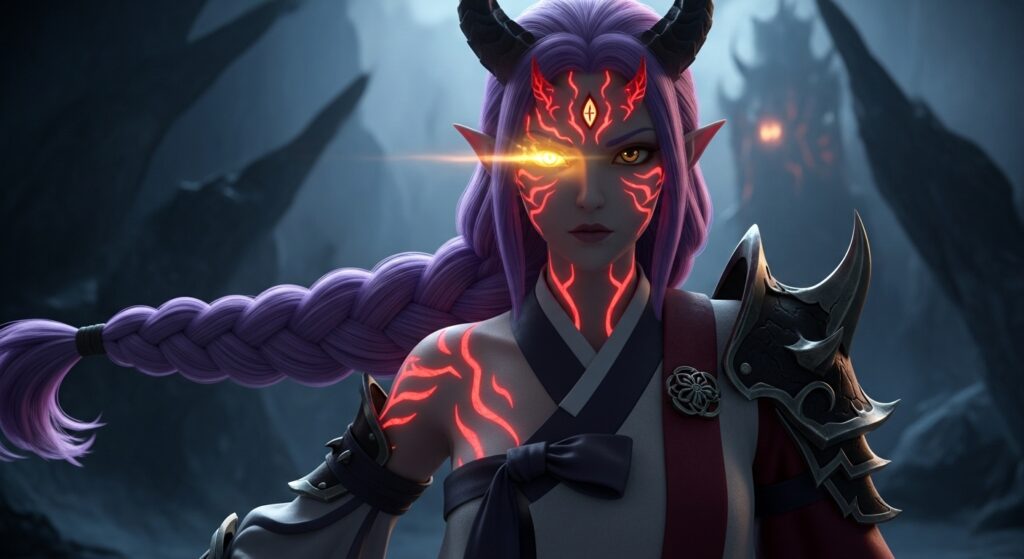A female demon with striking purple hair and prominent horns