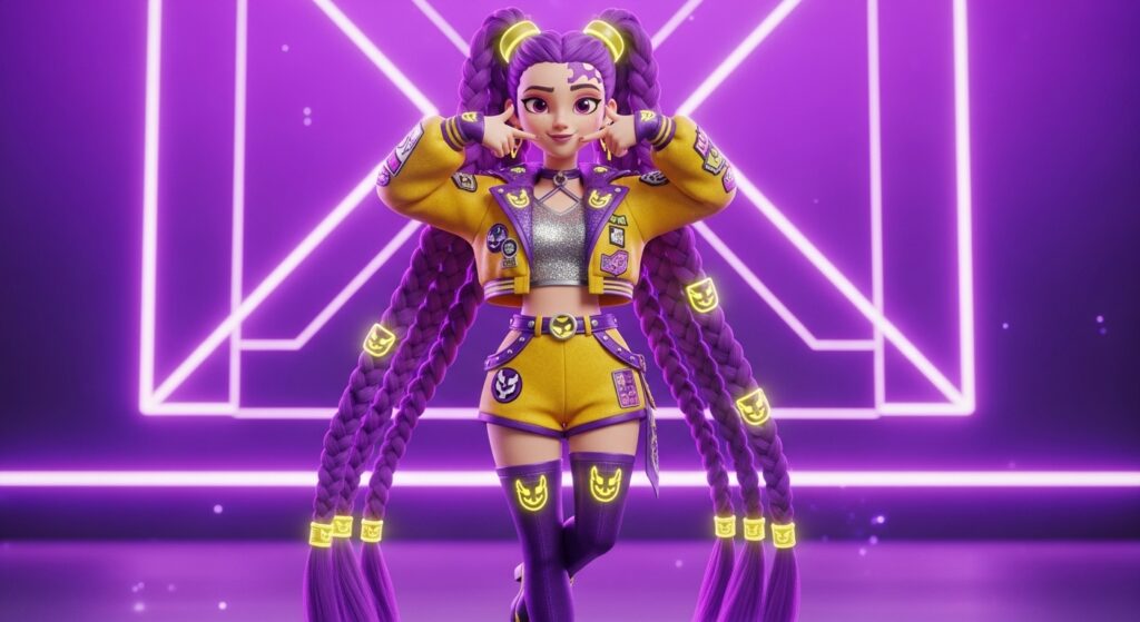 A girl dressed in purple attire with striking purple hair