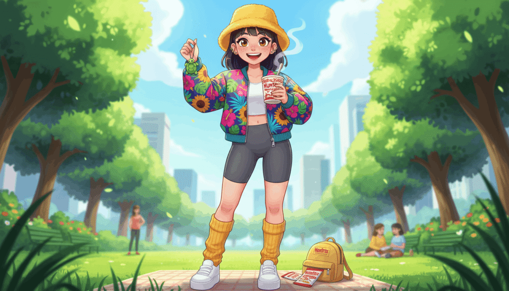 A girl in a park enjoys a cup of coffee while surrounded by greenery