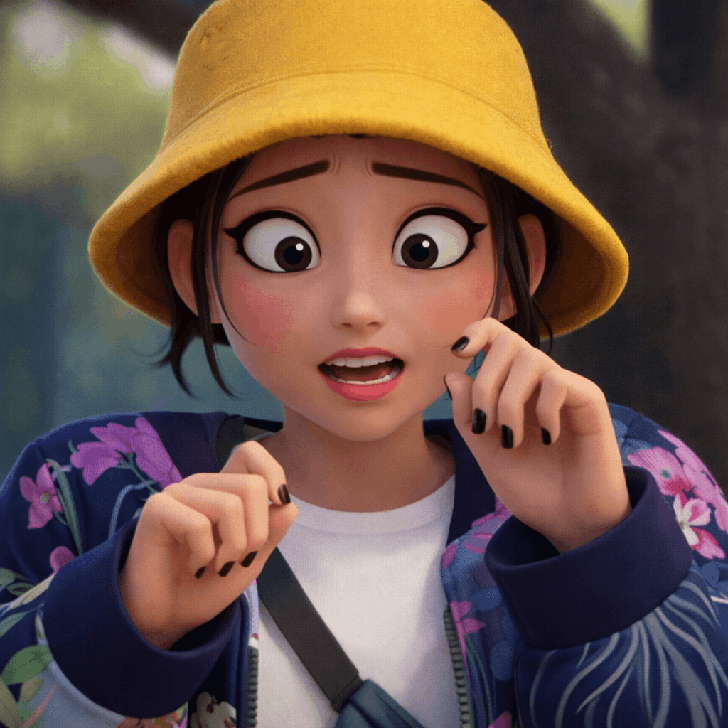 A girl in a yellow hat holds her finger to her lips