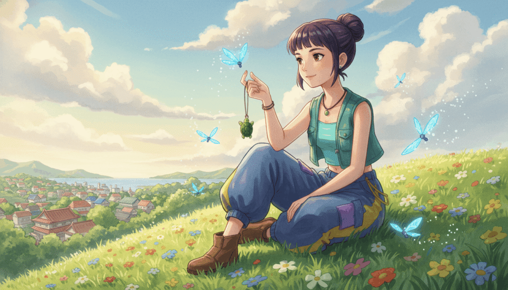 A girl sits on a grassy hill