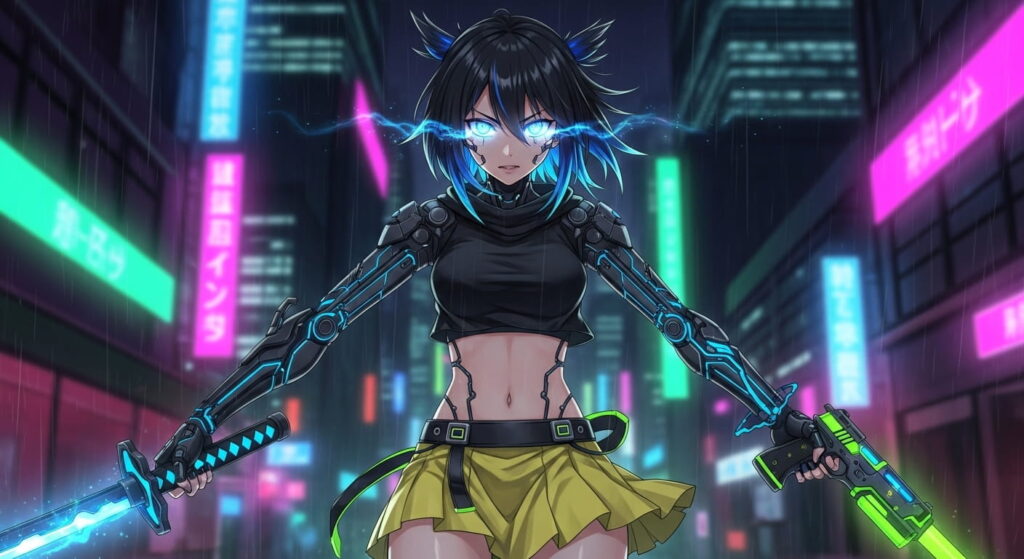 A girl stands in a neon-lit city, wielding a sword