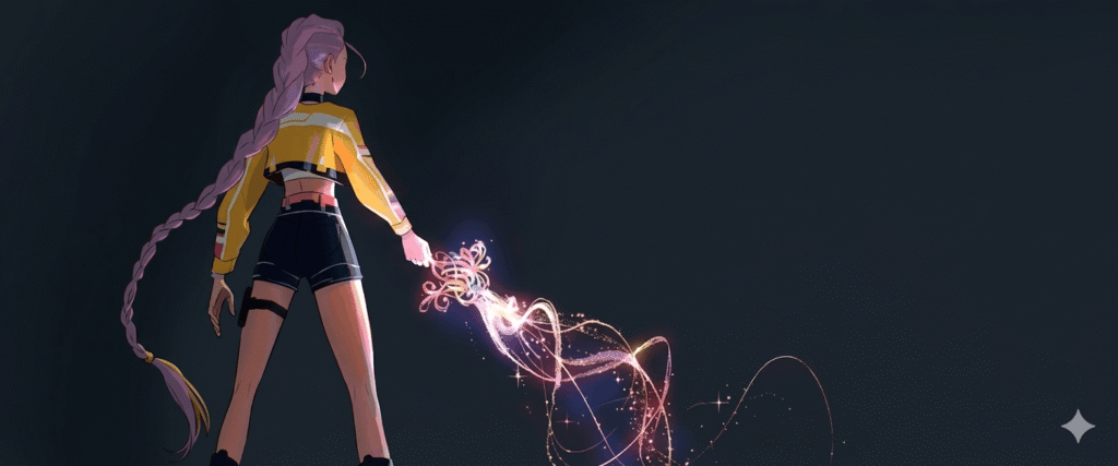 Celine Kpop with long hair in a pink shirt holds a sparkly wand