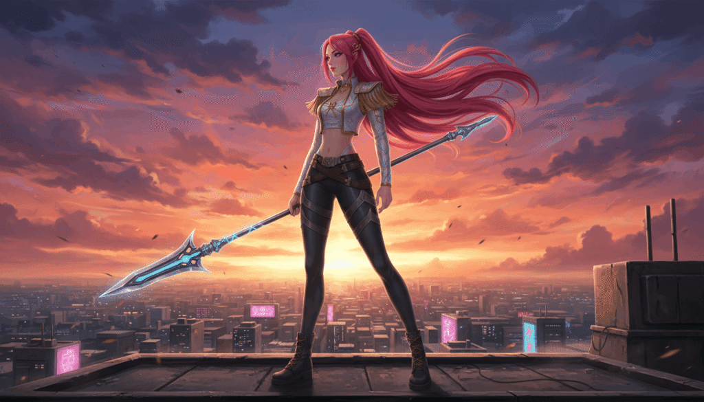 A girl with long red hair stands on a rooftop
