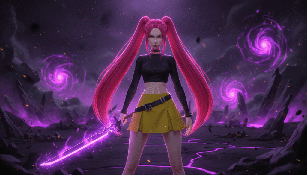 A girl with pink and purple hair confidently holds a sword