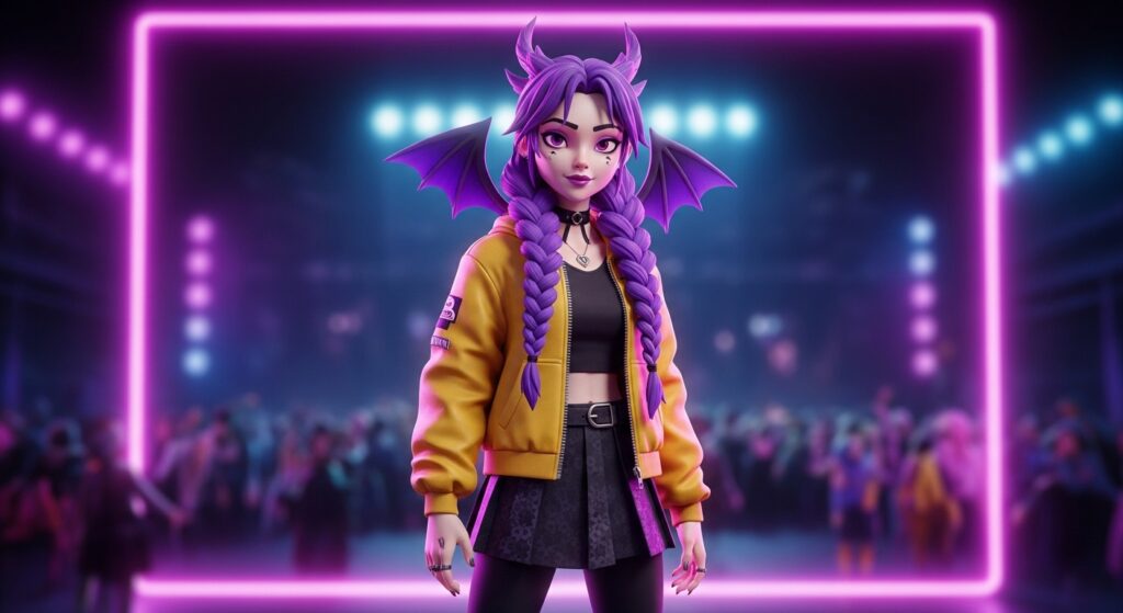 A girl with purple hair and horns stands in front of a vibrant neon sign
