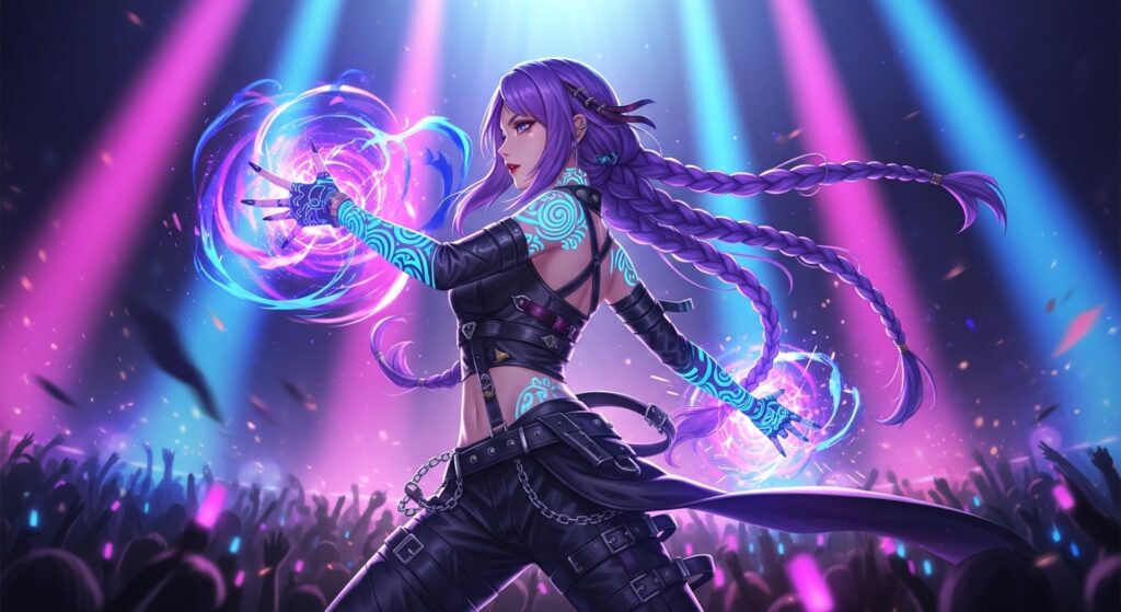 A girl with purple hair holds a glowing purple orb