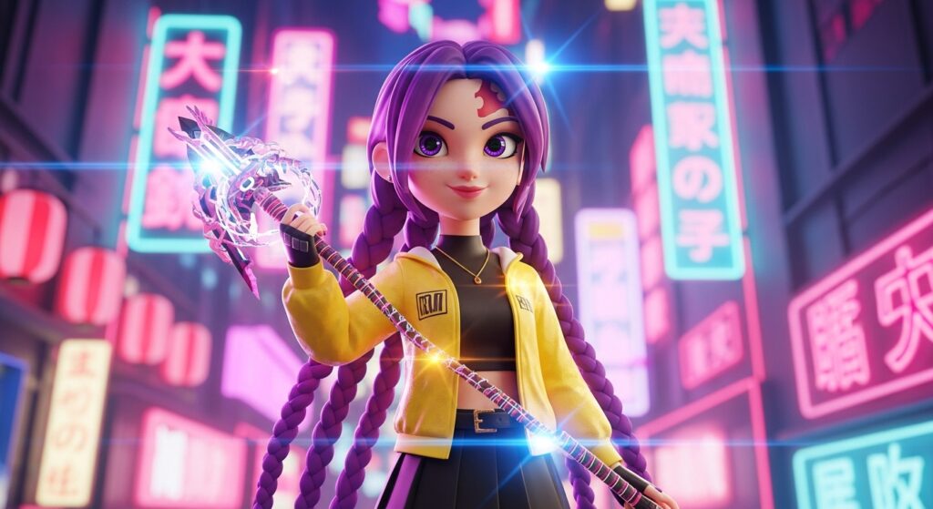 A girl with purple hair holds a wand