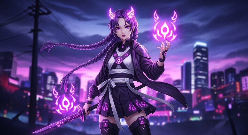 A girl with purple hair holds glowing purple lights in her hands