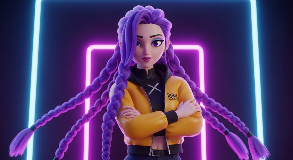 A girl with purple hair illuminated by vibrant neon lights