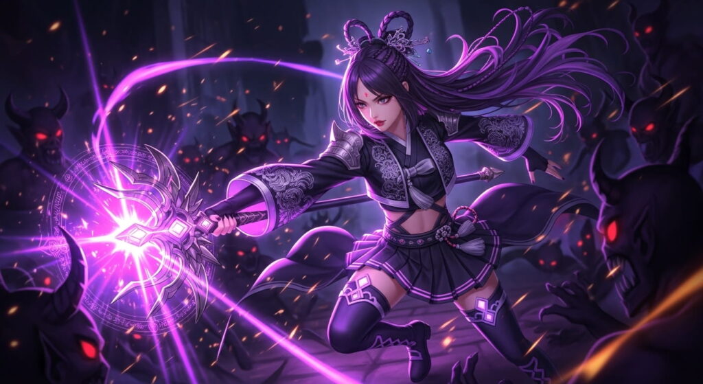 A girl with purple hair stands in the dark