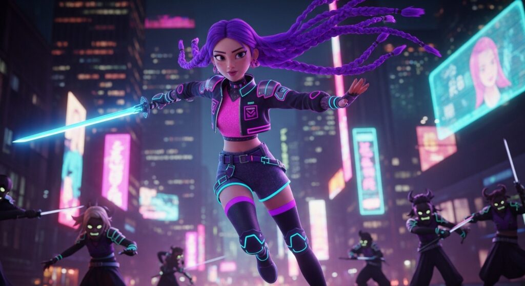 A girl with purple hair wields purple lightsabers while running through a vibrant cityscape at night