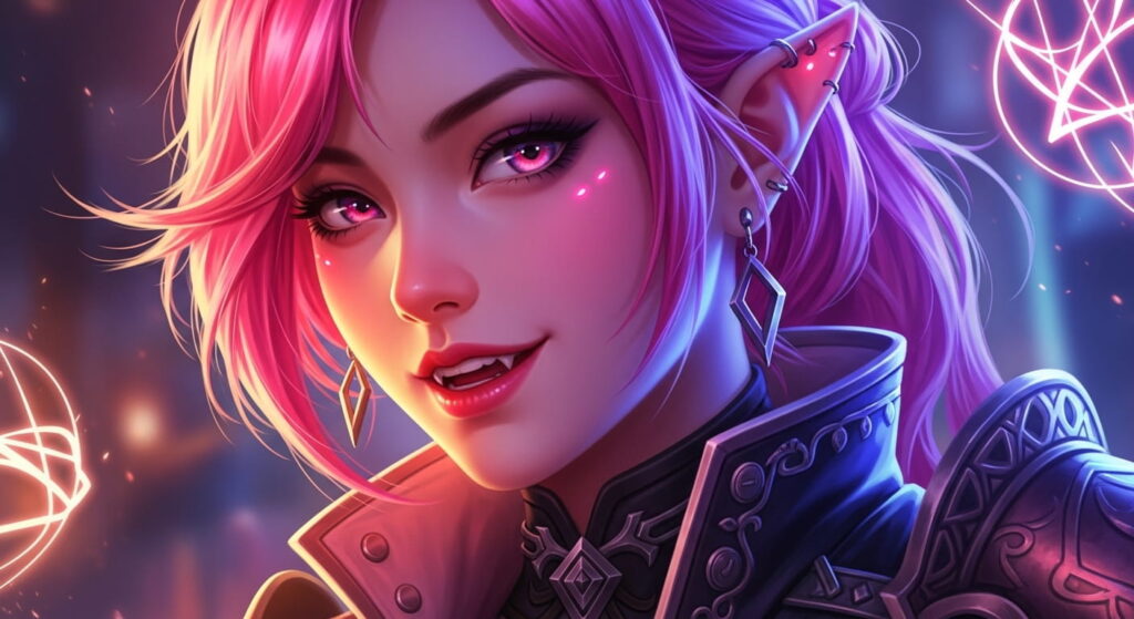 A girl with vibrant pink hair and small horns